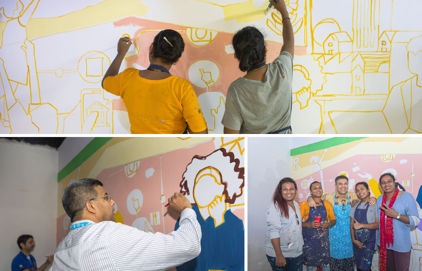 A collage of three images. Image 1: Pankaj Gupta painting the mural. Image 2: Aravani artists painting part of the mural. Image 3: Parmesh Shahani with the Aravani team
