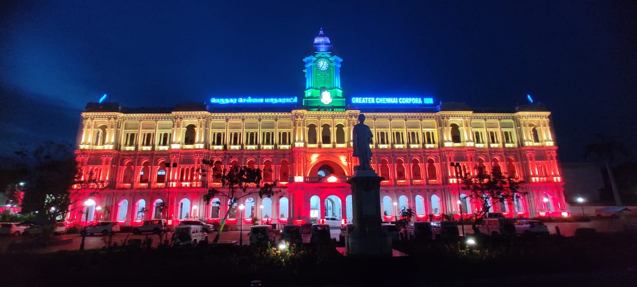 The Greater Chennai Corporation's Ripon Building lit up in LGBTQIA+ flag colours.