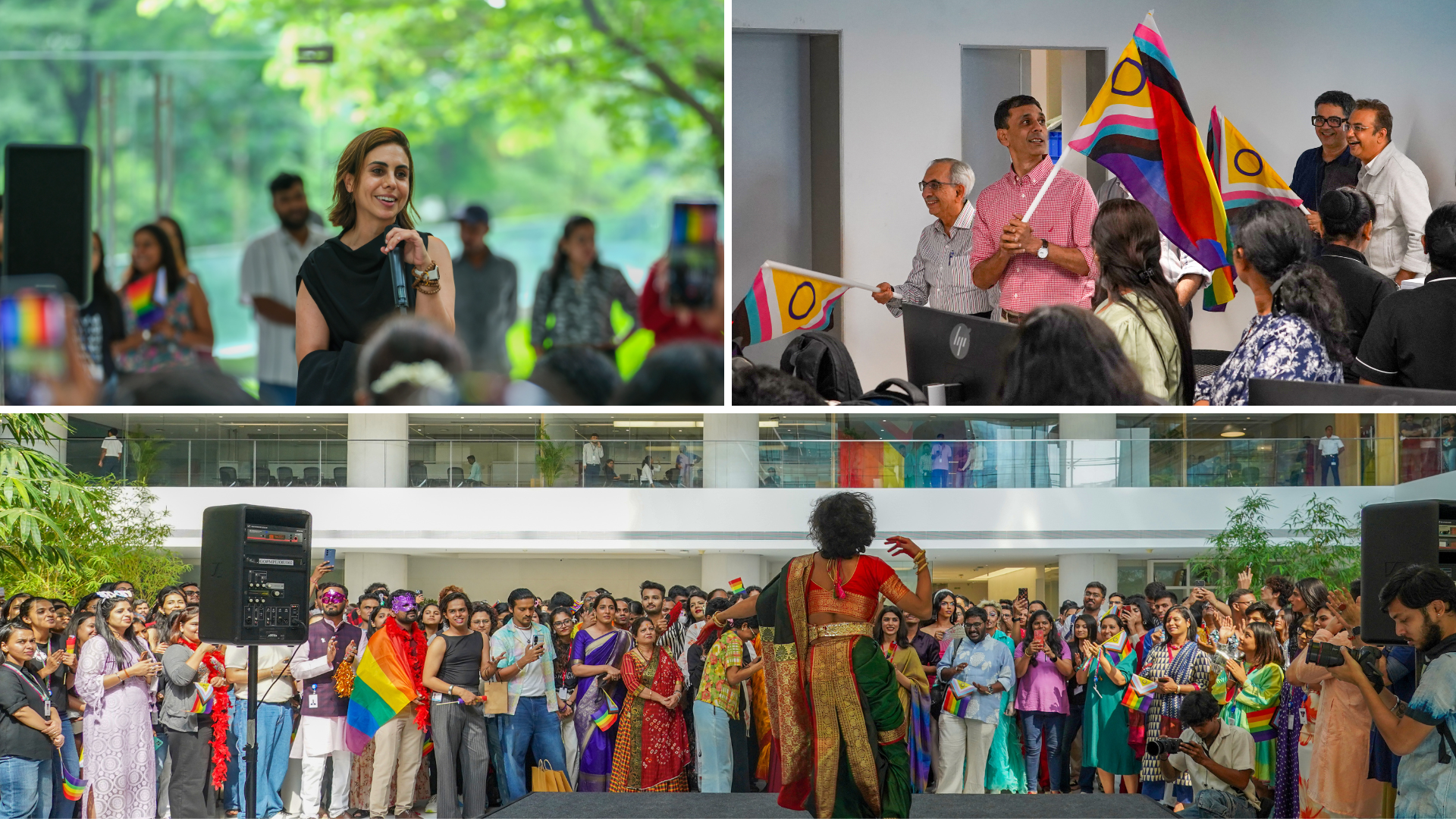 Glimpses from Pride@Godrej. Top left: Nisa Godrej addressing the march, top right: Nadir Godrej, Manish Shah, Parmesh Shahani and Sujit Patil at the pride march, bottom: the audience watching Teshree's lavani performance